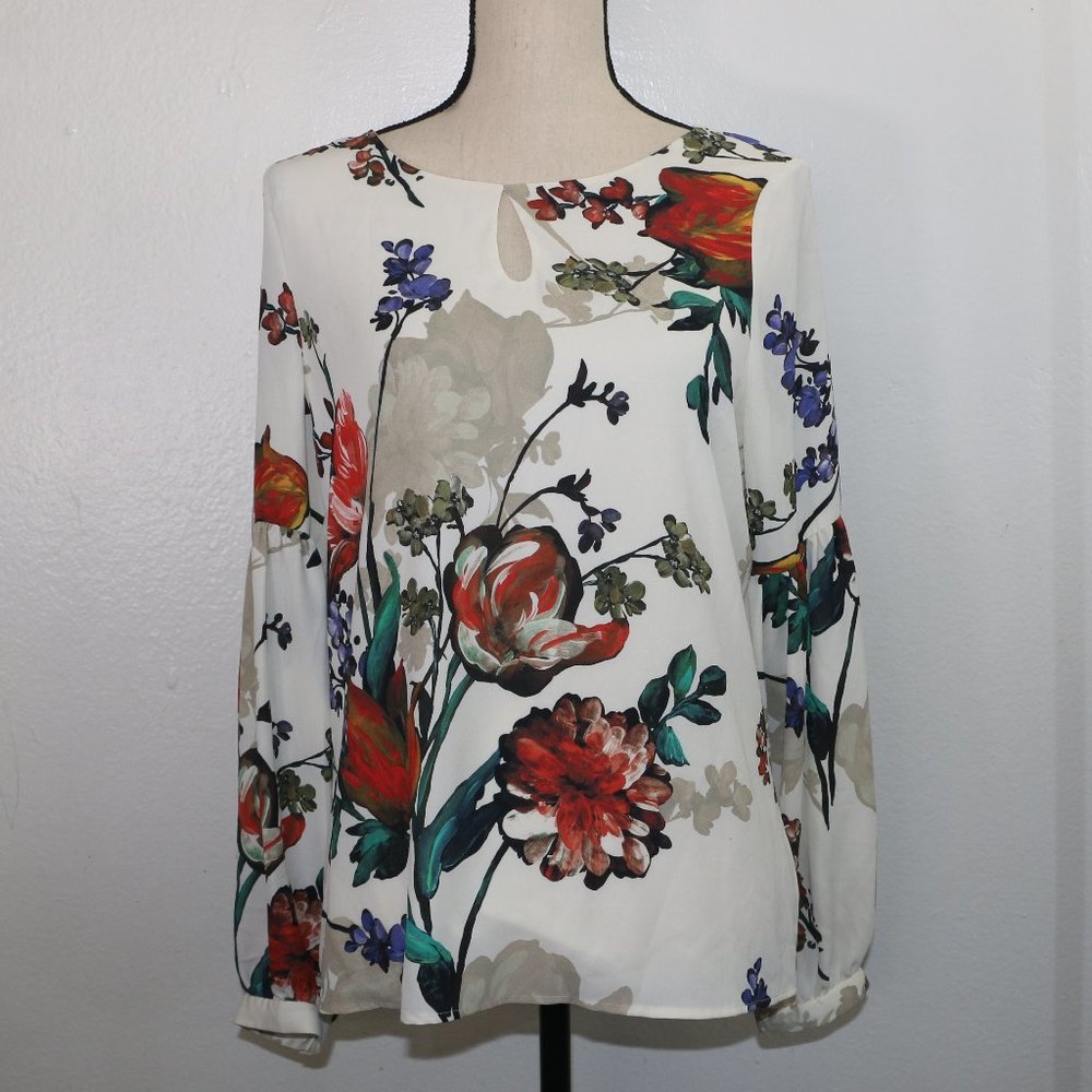 Express White Floral Blouse - Loose Fit, Half Puff Sleeve - Size Medium